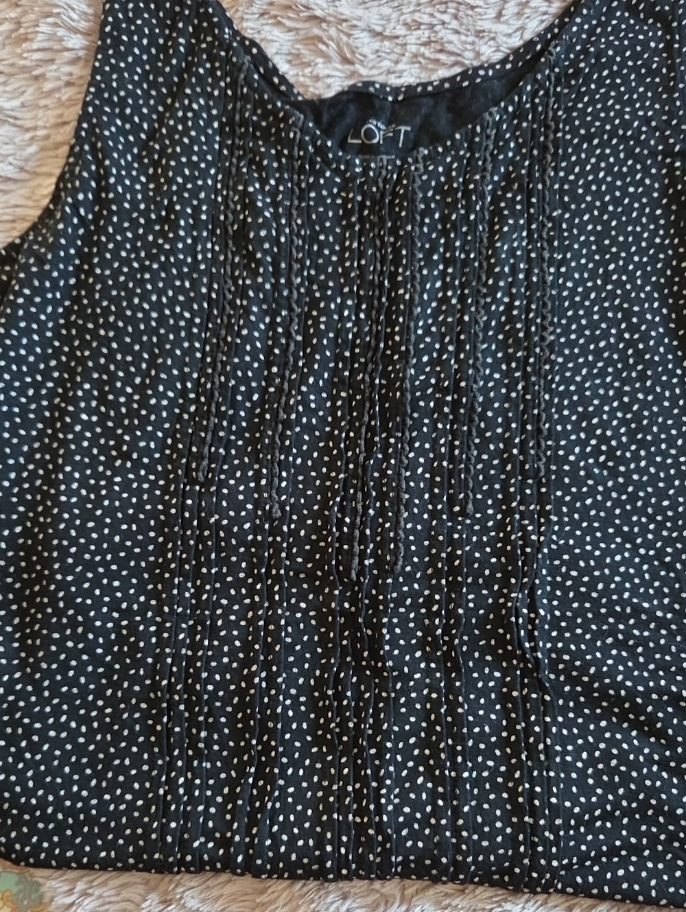 LOFT Black and White Polka Dot Pleated Sleeveless Tank Top